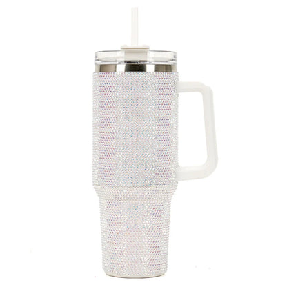 40oz Rhinestone Luxury Tumbler Stainless Steel Vacuum Cup With Handle Lid And Straw