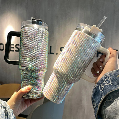40oz Rhinestone Luxury Tumbler Stainless Steel Vacuum Cup With Handle Lid And Straw