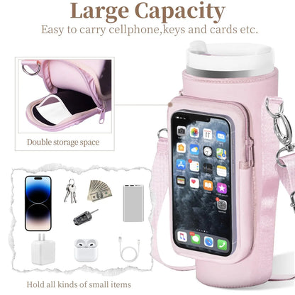 Tumbler Holder with Strap Touchable Screen Phone Pocket Fits Stanley Quencher H2.0 & Adventure 40 oz Tumbler with Handle