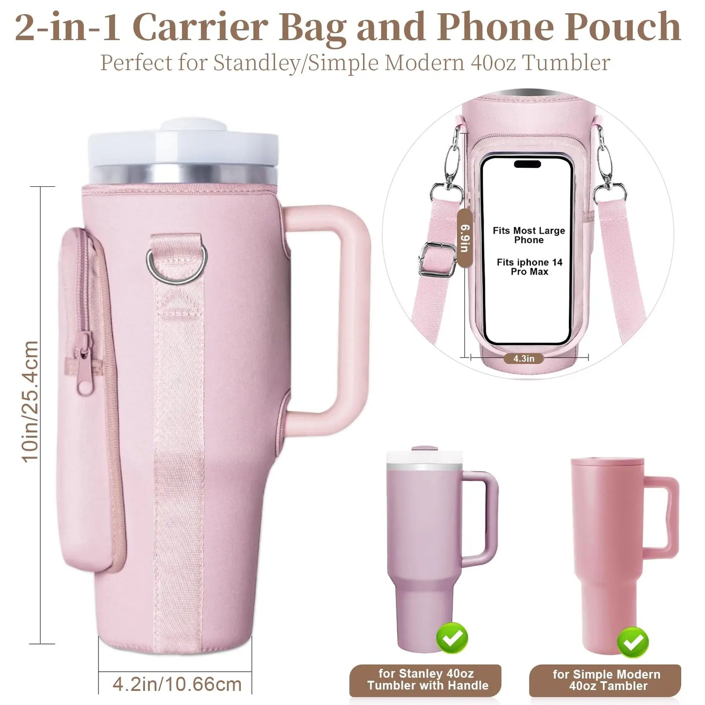 Tumbler Holder with Strap Touchable Screen Phone Pocket Fits Stanley Quencher H2.0 & Adventure 40 oz Tumbler with Handle